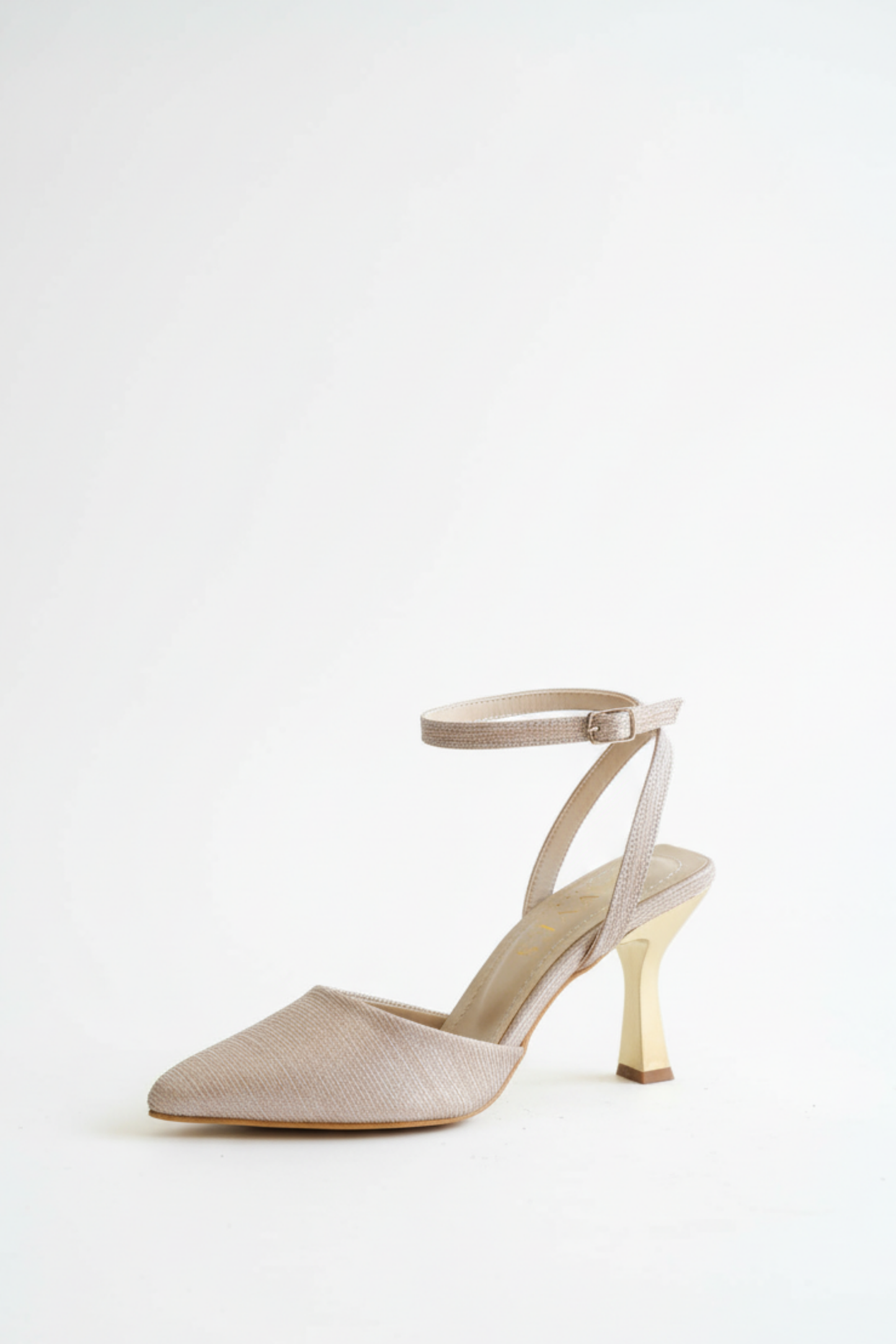 BRIELFY – Bej Simli Bilekten Bağlamalı İnce Topuklu Ayakkabı – 9 cm