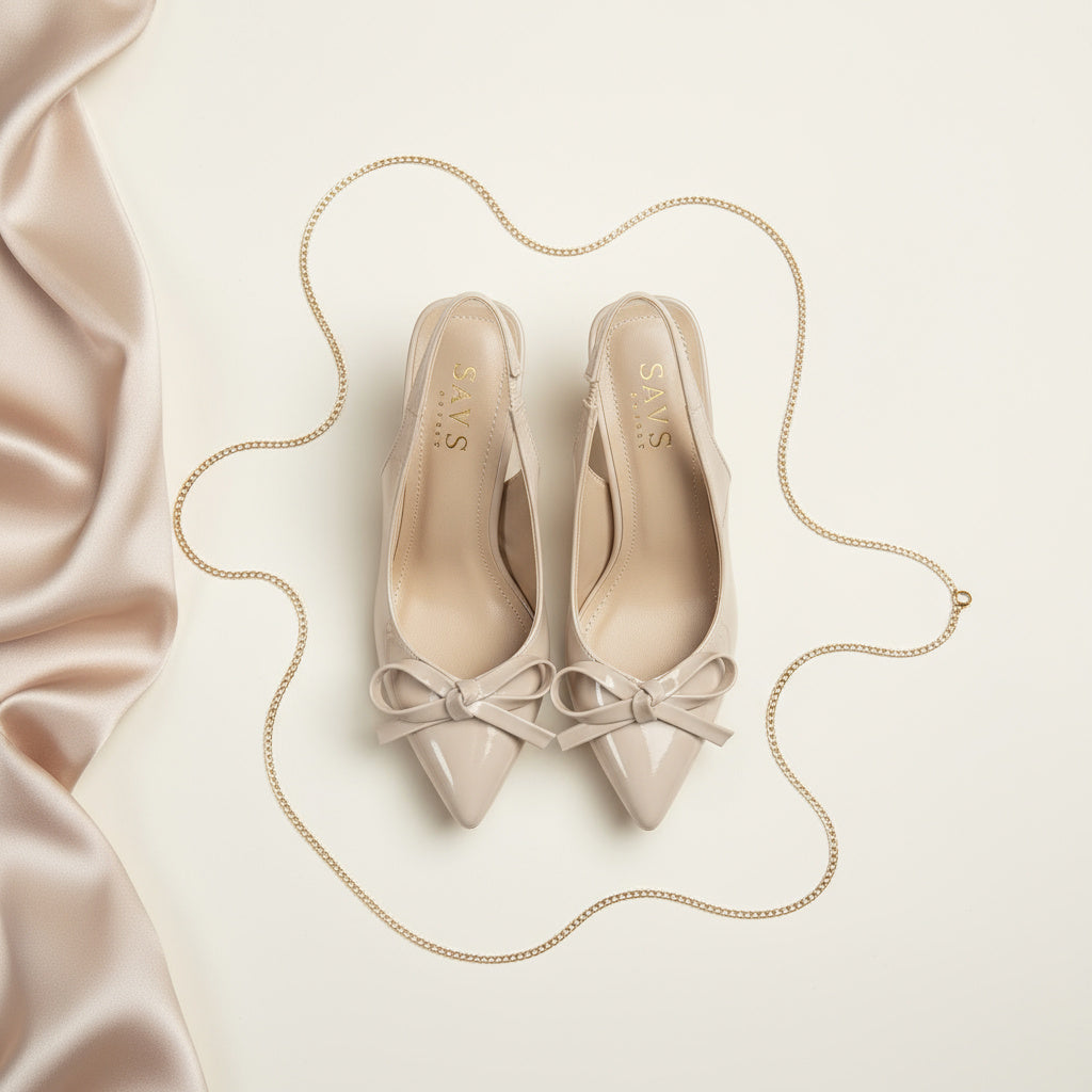 BRIELFY – Bej İnce Fiyonk Detaylı Slingback Topuklu Ayakkabı – 9 cm