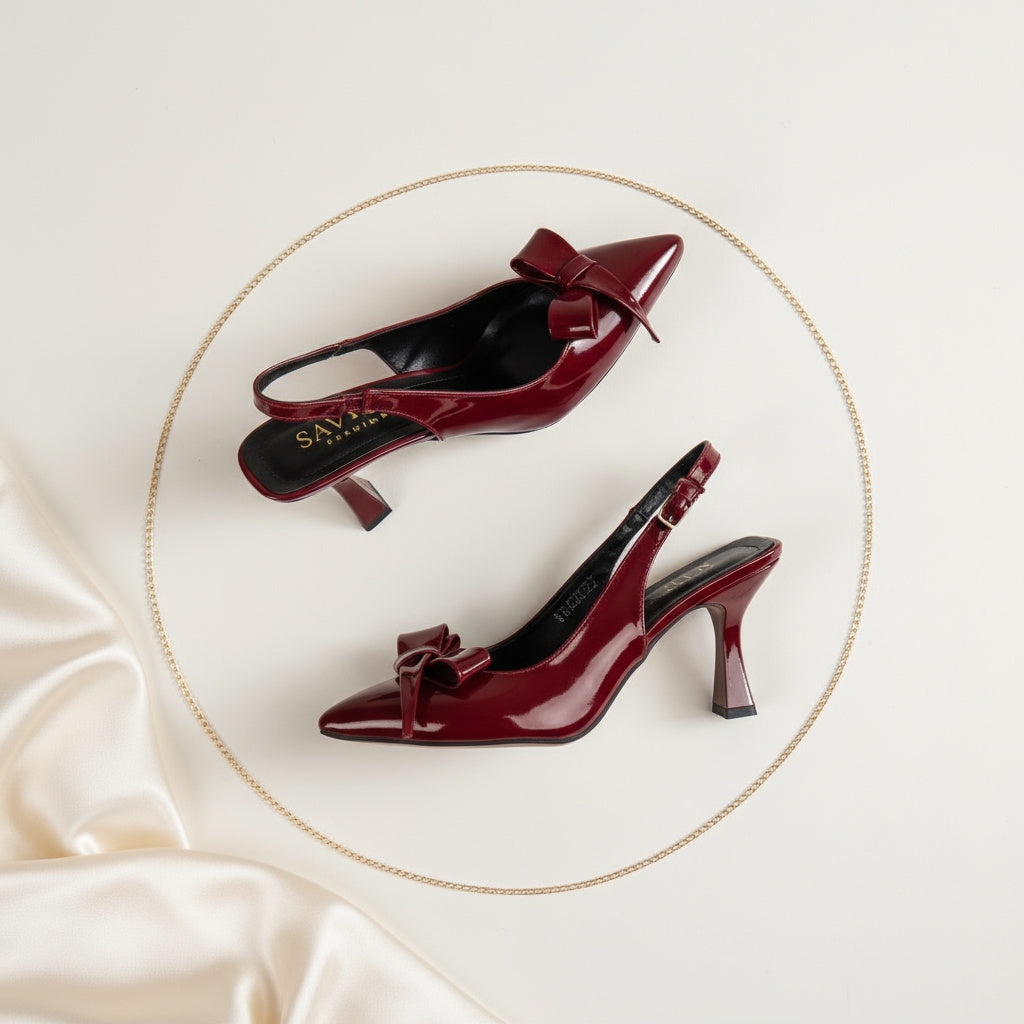 BRIELFY – Bordo Rugan Kalın Fiyonk Detaylı Slingback Topuklu Ayakkabı – 9 cm