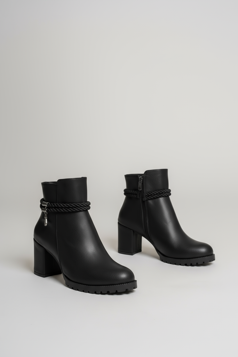 Brielfy Halat Tokalı Siyah Topuklu Kadın Bot | Güçlü, Modern ve Zamansız