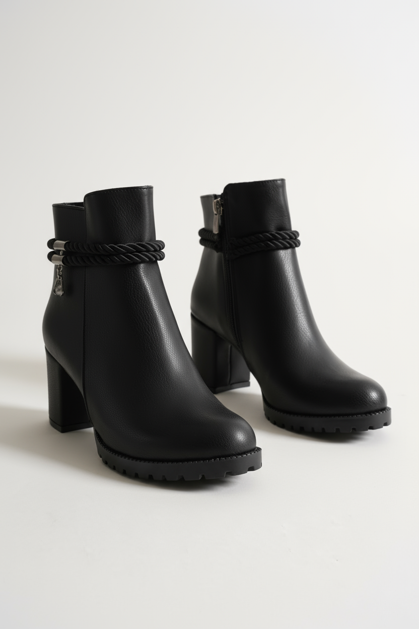 Brielfy Halat Tokalı Siyah Topuklu Kadın Bot | Güçlü, Modern ve Zamansız