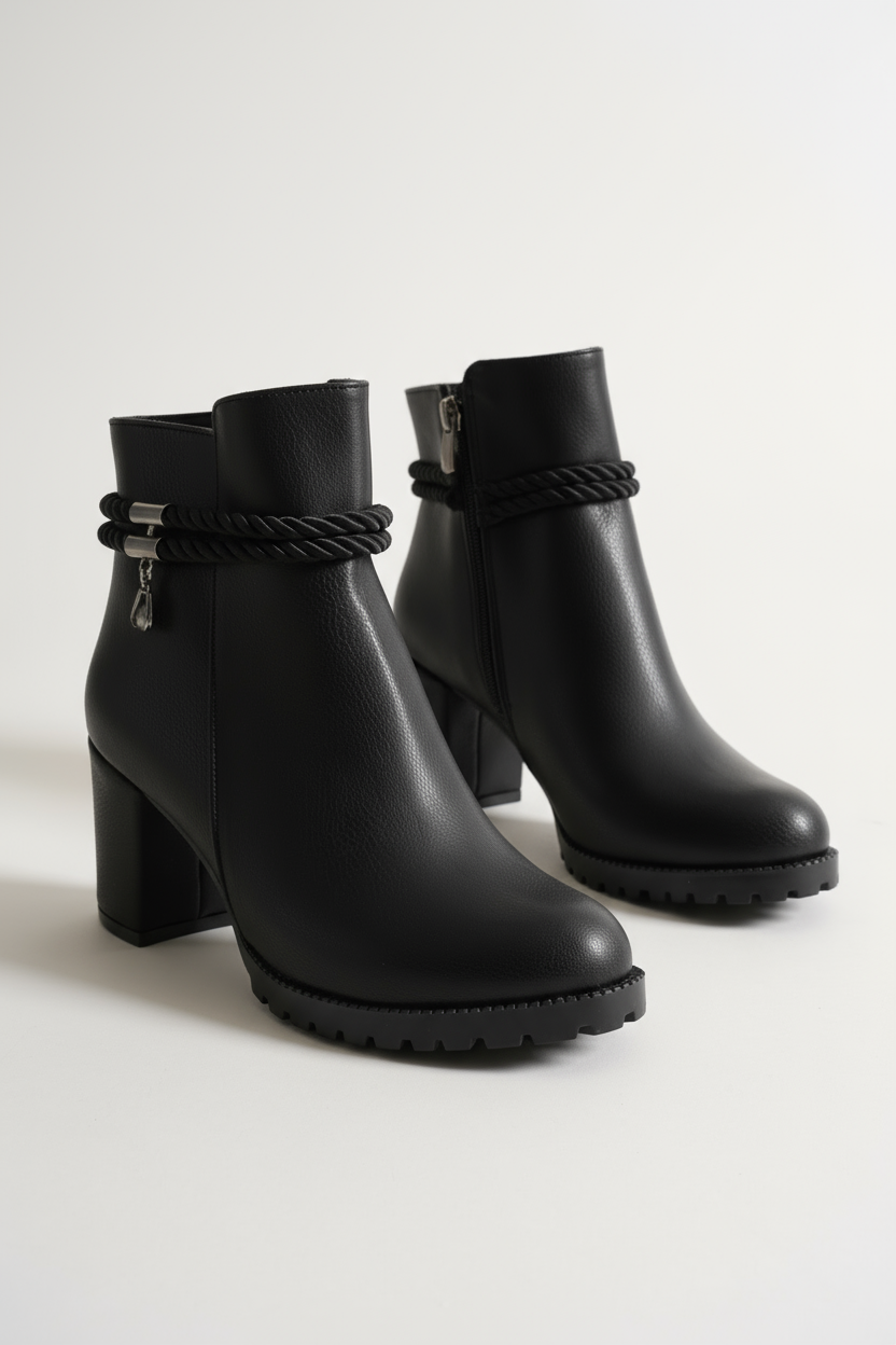 Brielfy Halat Tokalı Siyah Topuklu Kadın Bot | Güçlü, Modern ve Zamansız