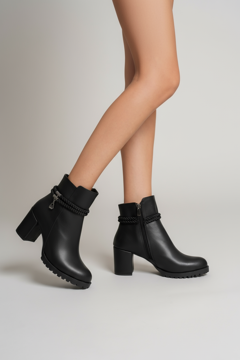 Brielfy Halat Tokalı Siyah Topuklu Kadın Bot | Güçlü, Modern ve Zamansız