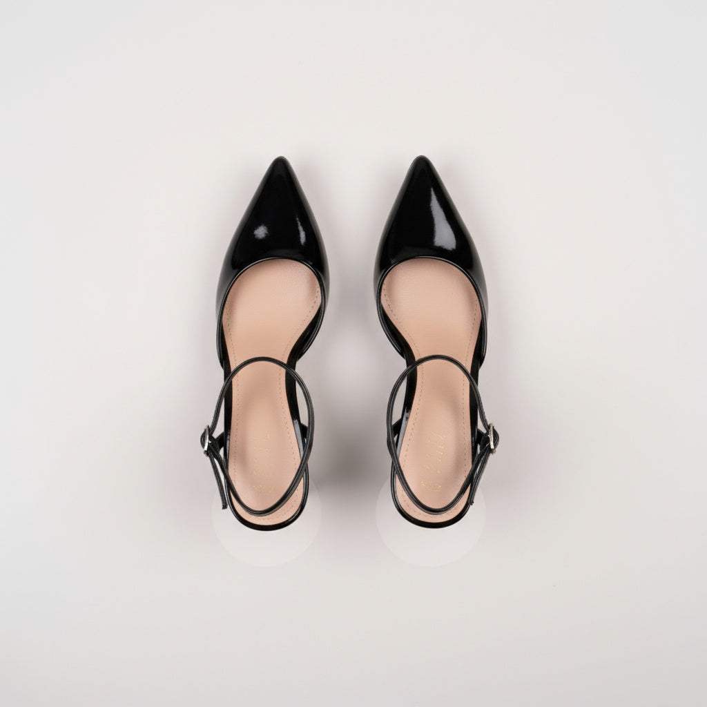 BRIELFY – Siyah Bilekten Bağlamalı İnce Topuk Ayakkabı – 9 cm Rugan Görünümlü