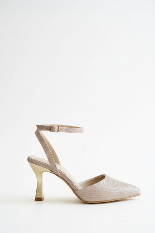 BRIELFY – Bej Simli Bilekten Bağlamalı İnce Topuklu Ayakkabı – 9 cm