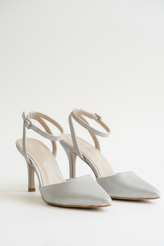 BRIELFY – Gri Simli Bilekten Bağlamalı İnce Topuklu Ayakkabı – 9 cm