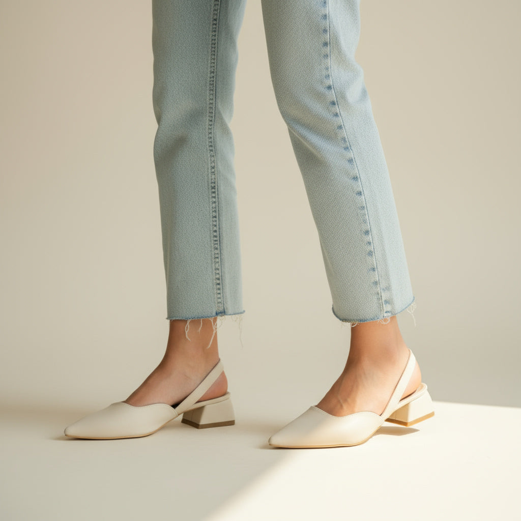 BRIELFY Soft Modern Muse – Bej Cilt Slingback Blok Topuk Ayakkabı – 5 cm