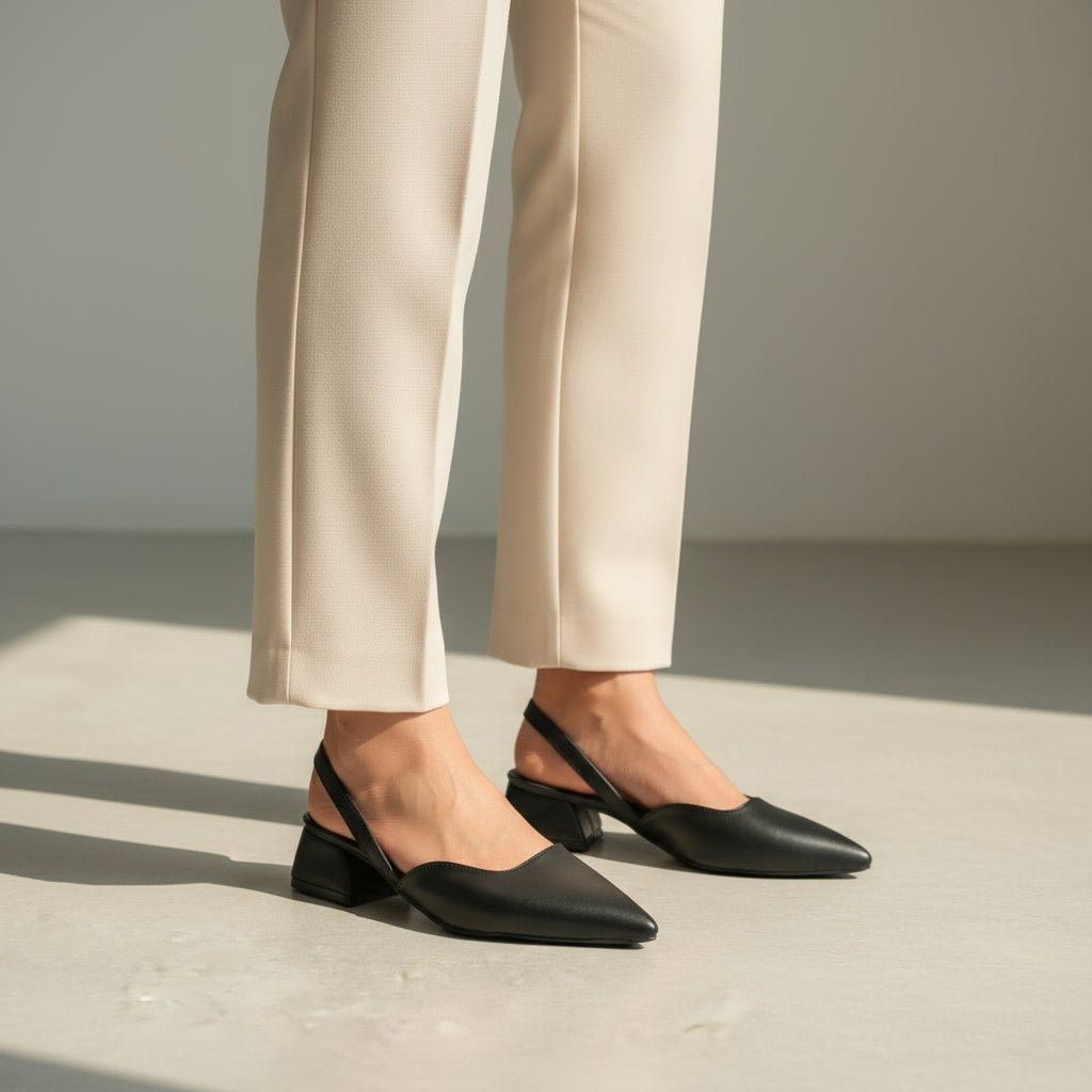 BRIELFY Soft Modern Muse – Siyah Cilt Slingback Blok Topuk Ayakkabı – 5 cm