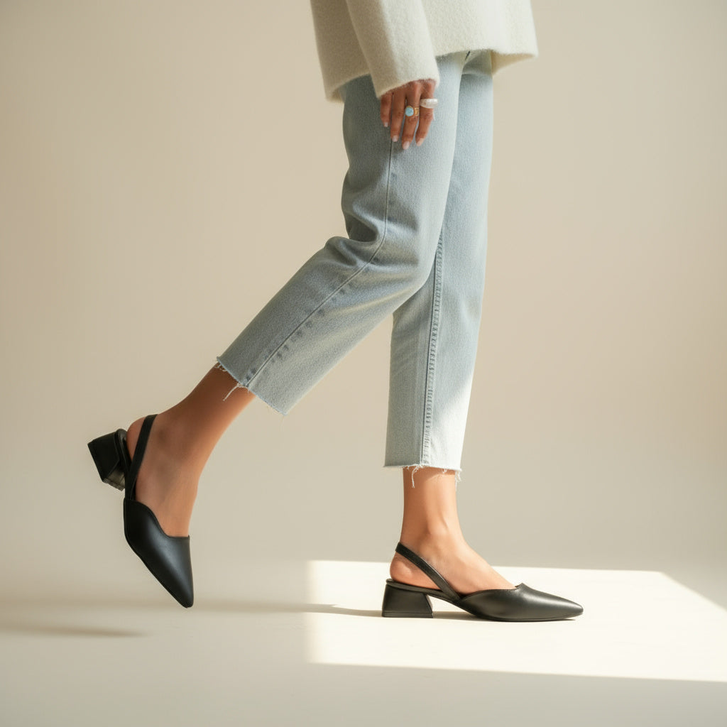 BRIELFY Soft Modern Muse – Siyah Cilt Slingback Blok Topuk Ayakkabı – 5 cm