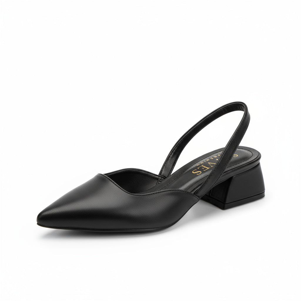 BRIELFY Soft Modern Muse – Siyah Cilt Slingback Blok Topuk Ayakkabı – 5 cm