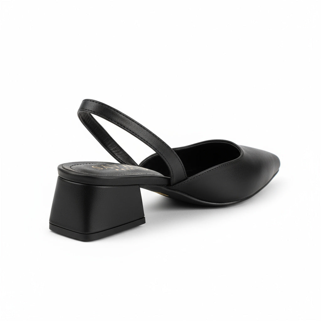 BRIELFY Soft Modern Muse – Siyah Cilt Slingback Blok Topuk Ayakkabı – 5 cm