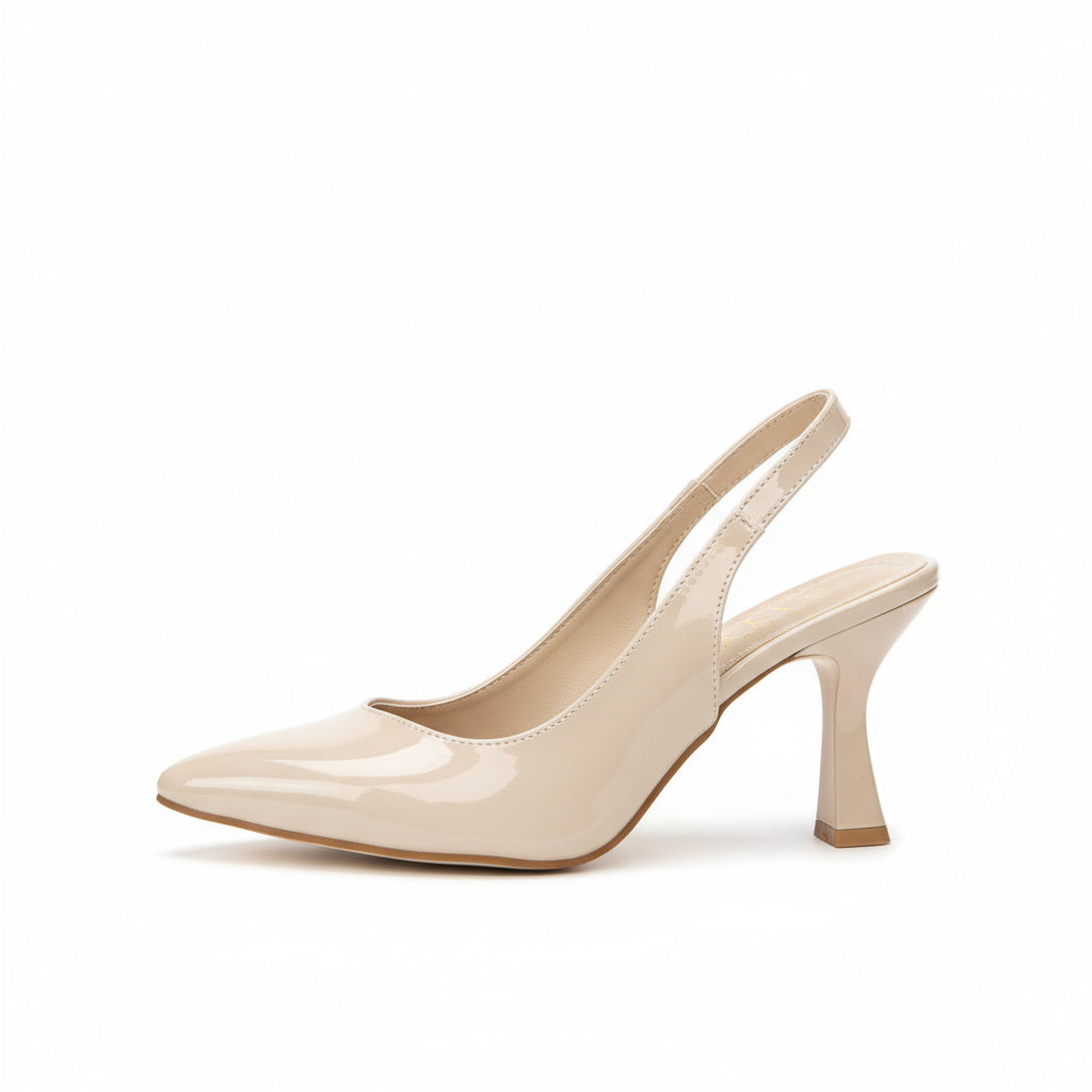 BRIELFY Timeless Elegance – Bej Rugan Düz Lastik Slingback Topuklu Ayakkabı – 9 cm