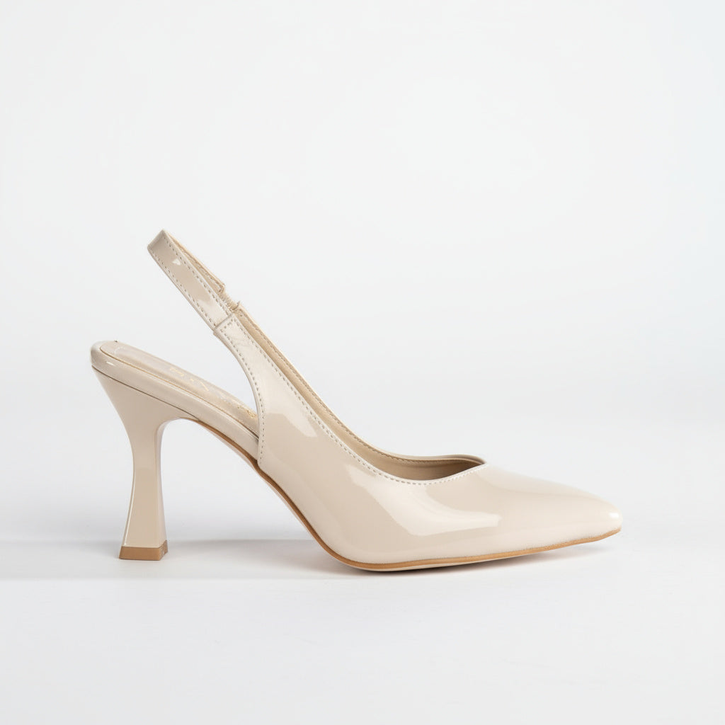 BRIELFY Timeless Elegance – Bej Rugan Düz Lastik Slingback Topuklu Ayakkabı – 9 cm