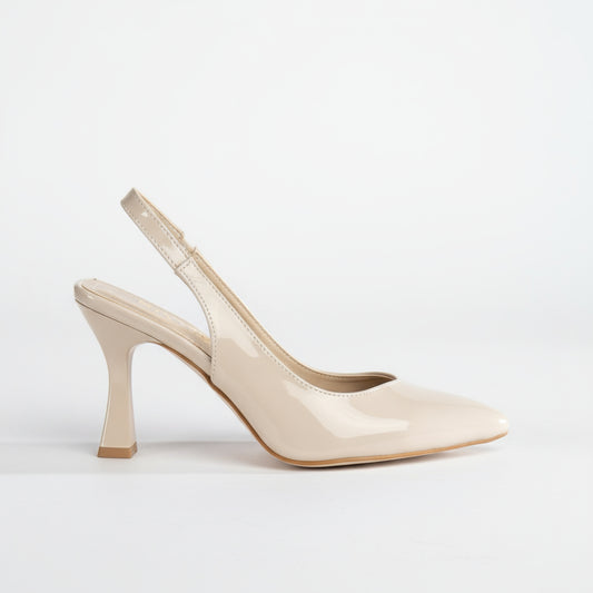 BRIELFY Timeless Elegance – Bej Rugan Düz Lastik Slingback Topuklu Ayakkabı – 9 cm
