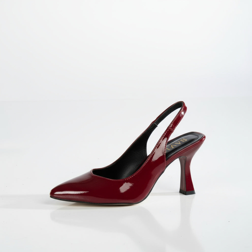 BRIELFY Timeless Elegance – Bordo Rugan Düz Lastik Slingback Topuklu Ayakkabı – 9 cm