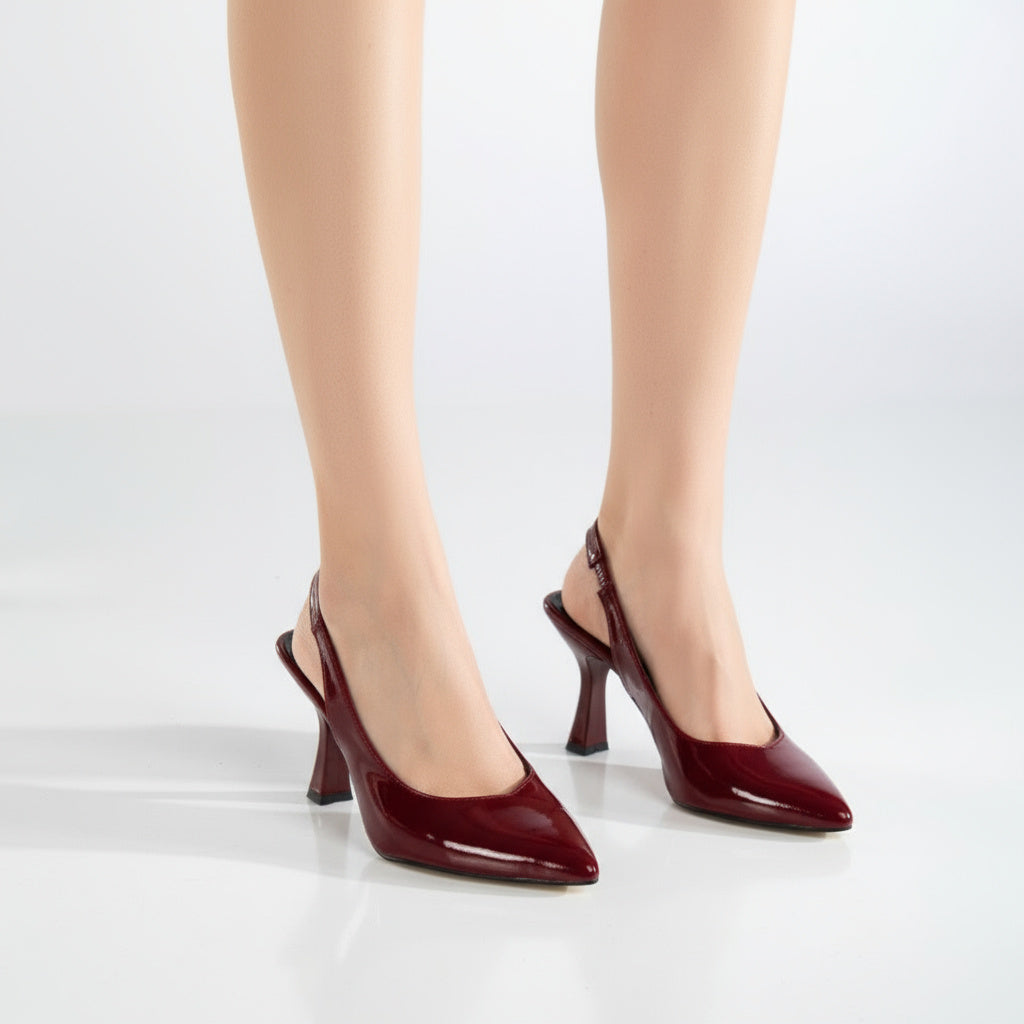 BRIELFY Timeless Elegance – Bordo Rugan Düz Lastik Slingback Topuklu Ayakkabı – 9 cm