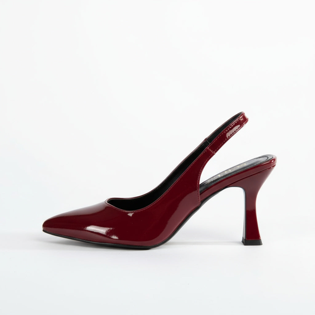 BRIELFY Timeless Elegance – Bordo Rugan Düz Lastik Slingback Topuklu Ayakkabı – 9 cm