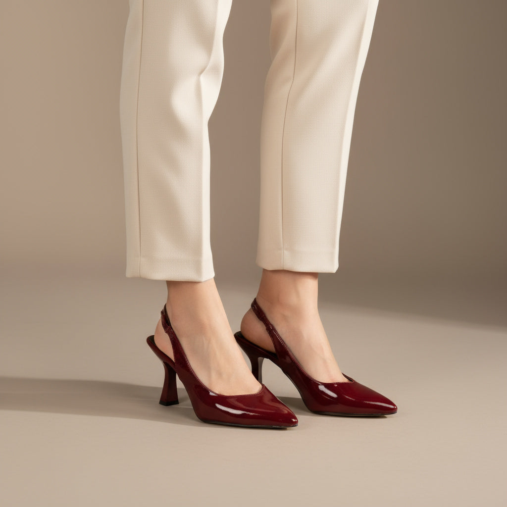BRIELFY Timeless Elegance – Bordo Rugan Düz Lastik Slingback Topuklu Ayakkabı – 9 cm
