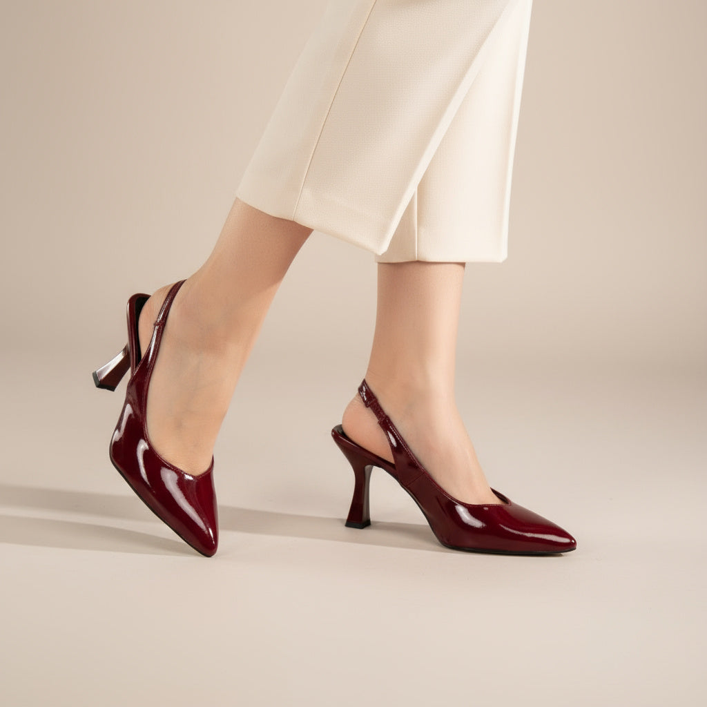 BRIELFY Timeless Elegance – Bordo Rugan Düz Lastik Slingback Topuklu Ayakkabı – 9 cm