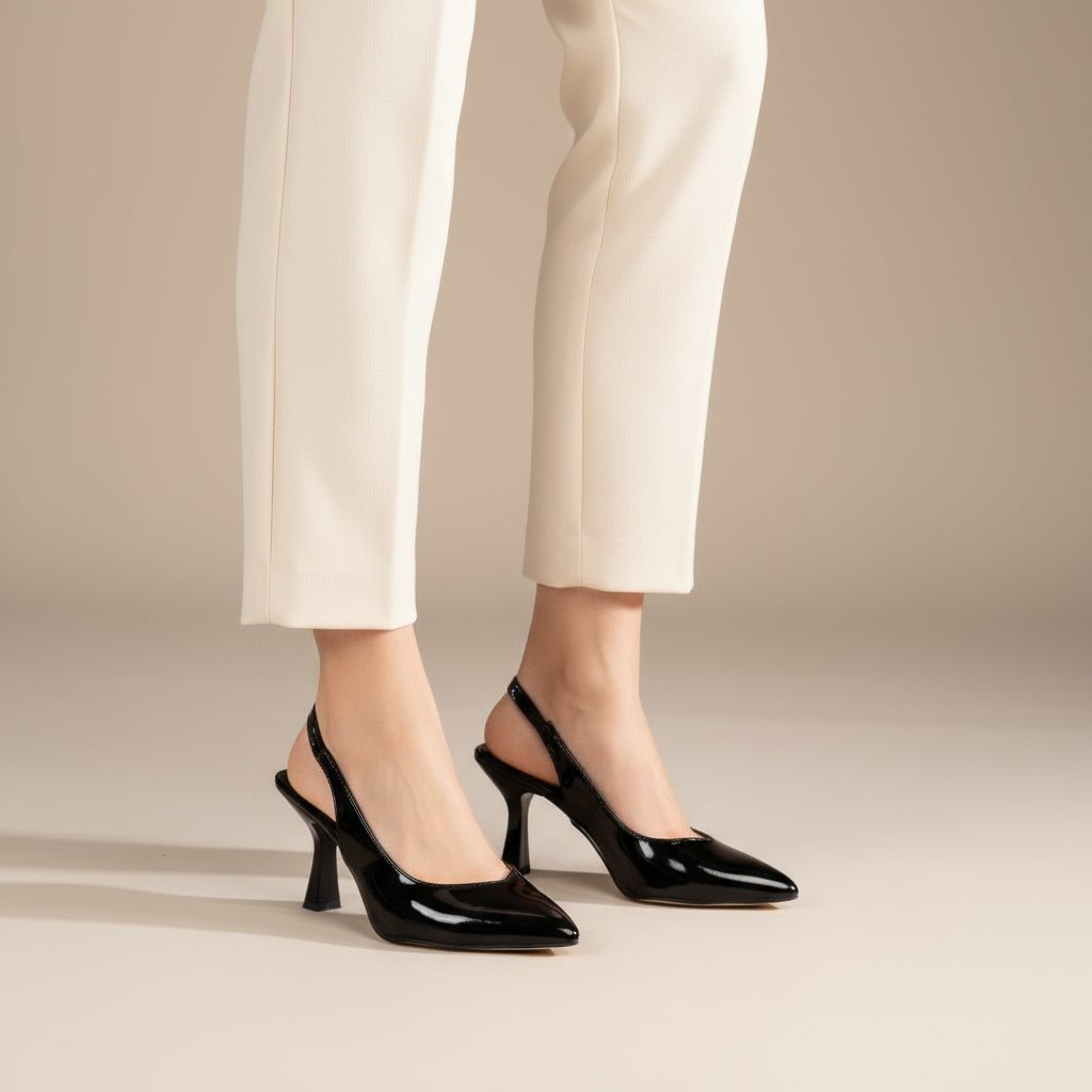 BRIELFY Timeless Elegance – Siyah Rugan Düz Lastik Slingback Topuklu Ayakkabı – 9 cm