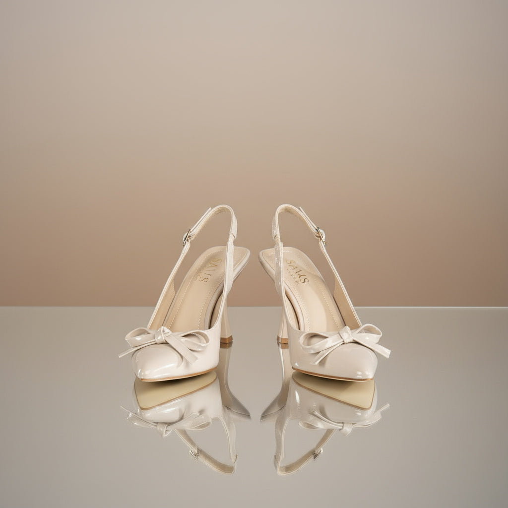 BRIELFY – Bej İnce Fiyonk Detaylı Slingback Topuklu Ayakkabı – 9 cm