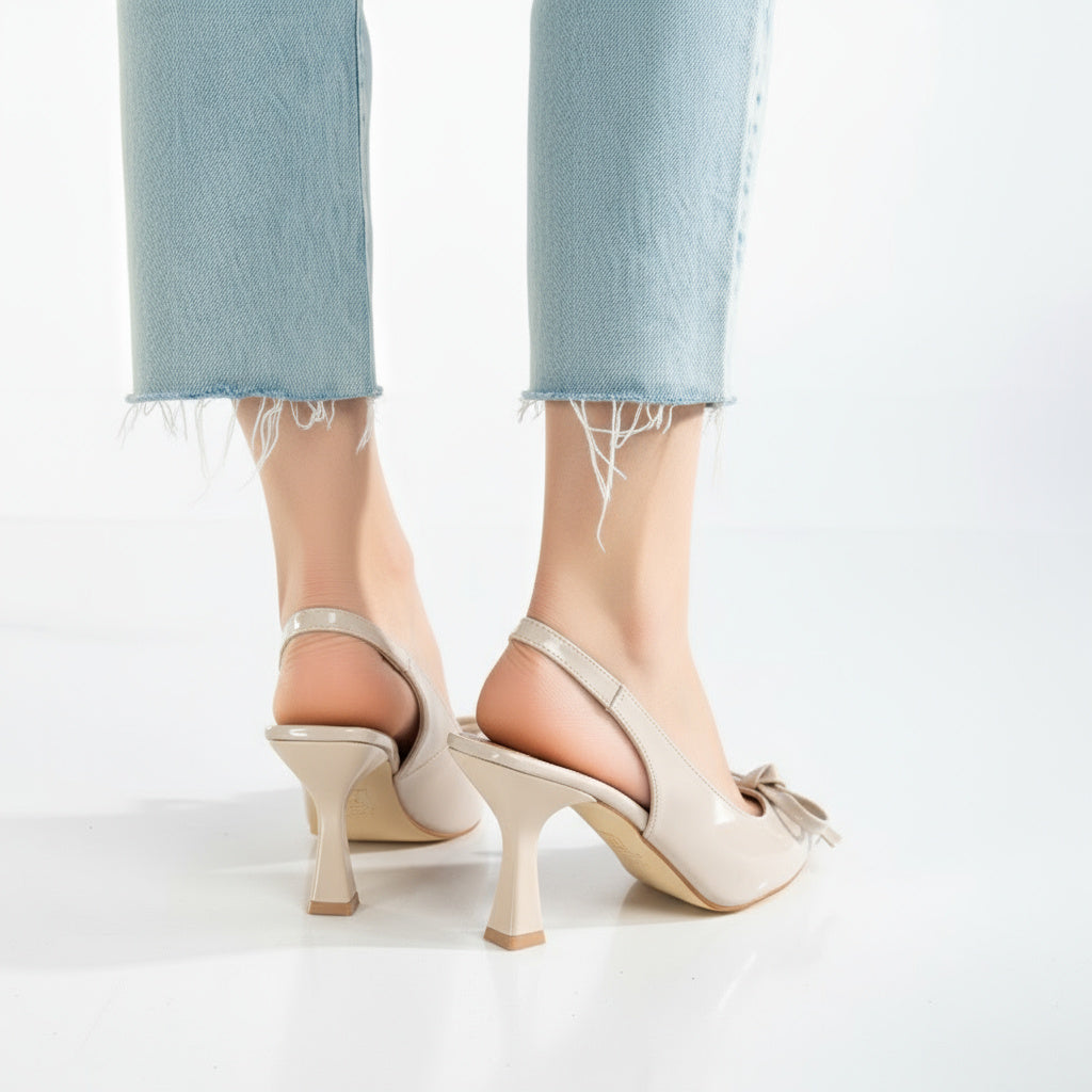 BRIELFY – Bej İnce Fiyonk Detaylı Slingback Topuklu Ayakkabı – 9 cm