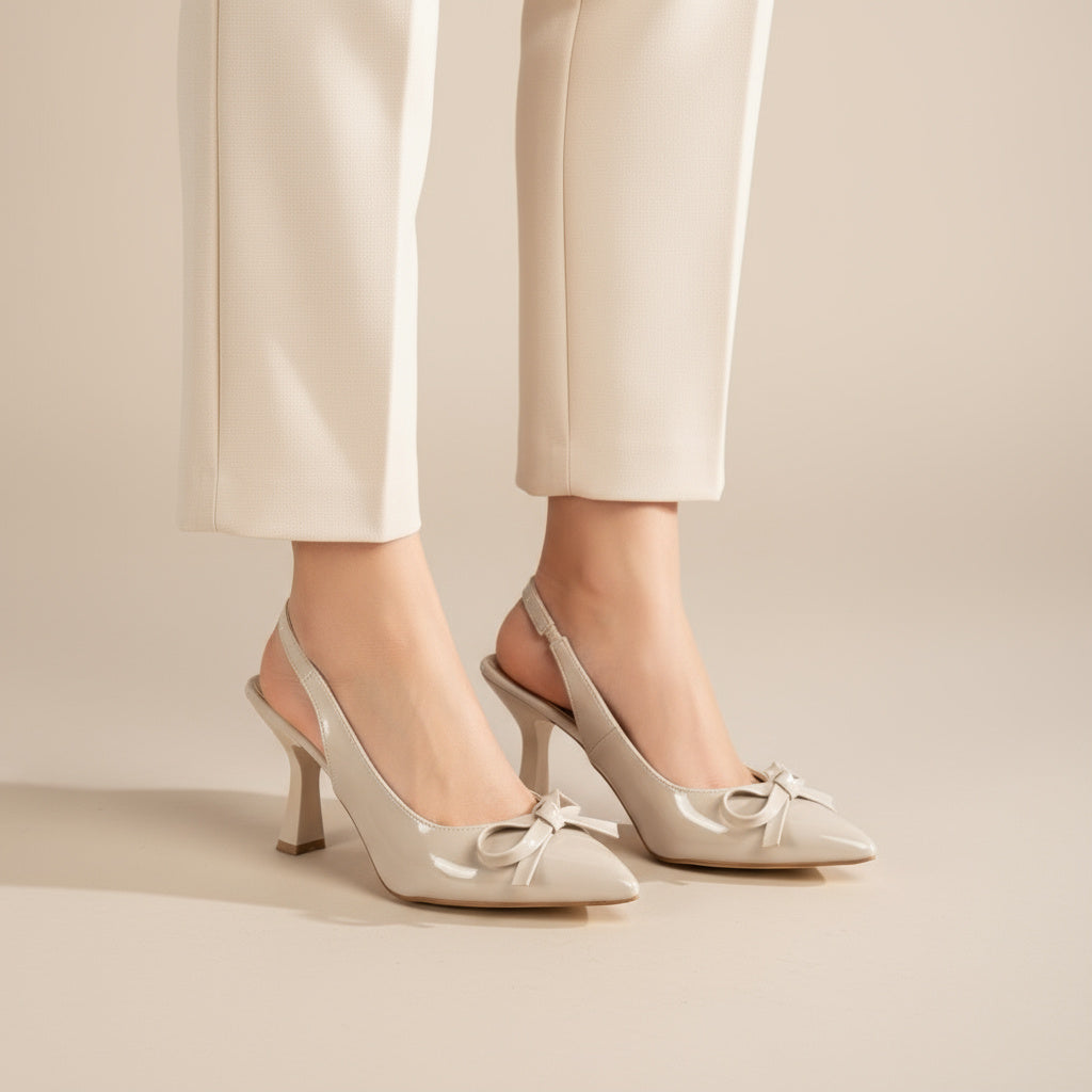 BRIELFY – Bej İnce Fiyonk Detaylı Slingback Topuklu Ayakkabı – 9 cm