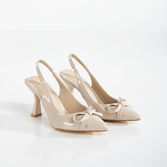 BRIELFY – Bej İnce Fiyonk Detaylı Slingback Topuklu Ayakkabı – 9 cm