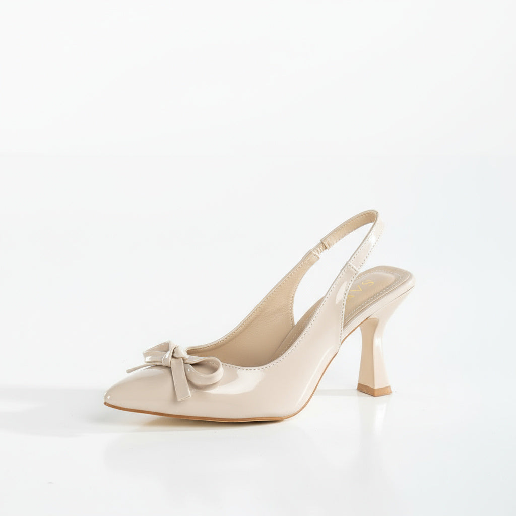 BRIELFY – Bej İnce Fiyonk Detaylı Slingback Topuklu Ayakkabı – 9 cm