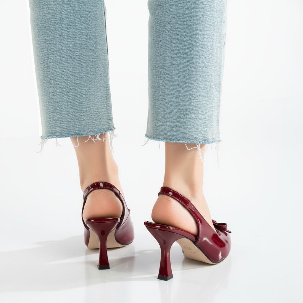 BRIELFY Midnight Grace – Bordo İnce Fiyonk Detaylı Slingback Topuklu Ayakkabı – 9 cm
