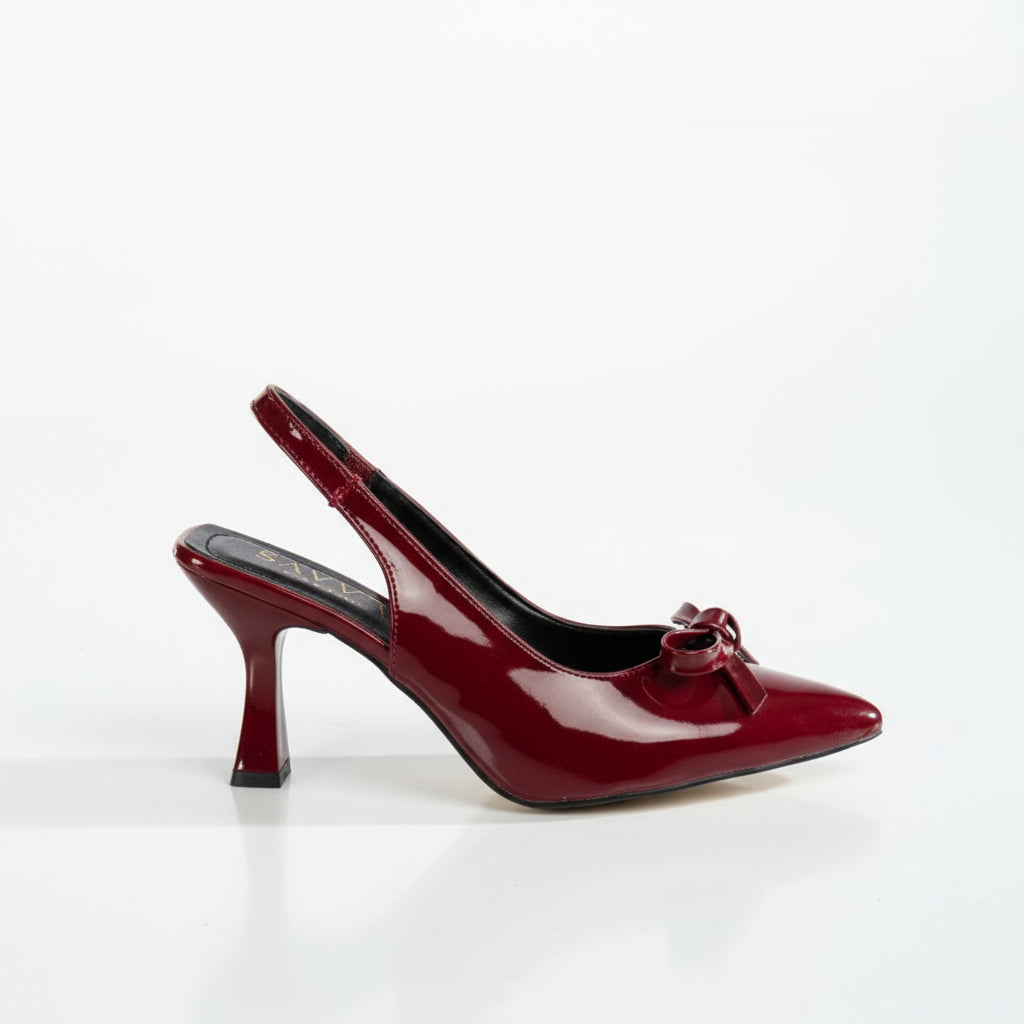 BRIELFY Midnight Grace – Bordo İnce Fiyonk Detaylı Slingback Topuklu Ayakkabı – 9 cm