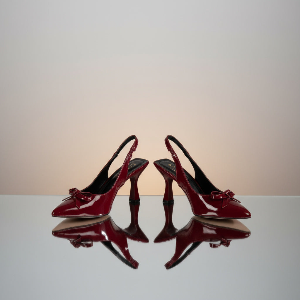 BRIELFY Midnight Grace – Bordo İnce Fiyonk Detaylı Slingback Topuklu Ayakkabı – 9 cm