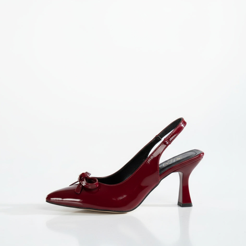 BRIELFY Midnight Grace – Bordo İnce Fiyonk Detaylı Slingback Topuklu Ayakkabı – 9 cm