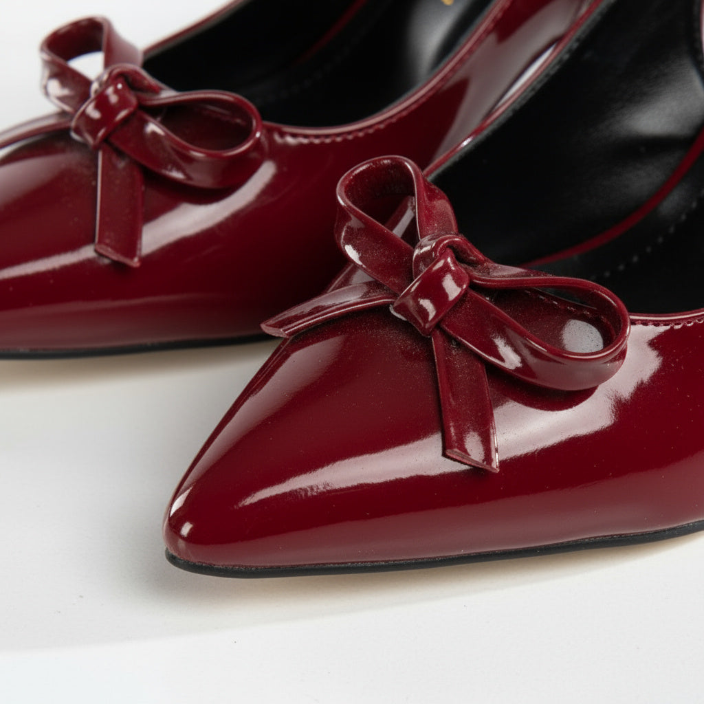 BRIELFY Midnight Grace – Bordo İnce Fiyonk Detaylı Slingback Topuklu Ayakkabı – 9 cm