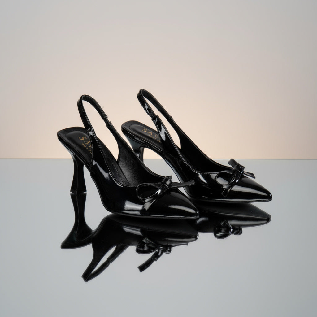 BRIELFY Midnight Grace – Siyah İnce Fiyonk Detaylı Slingback Topuklu Ayakkabı – 9 cm
