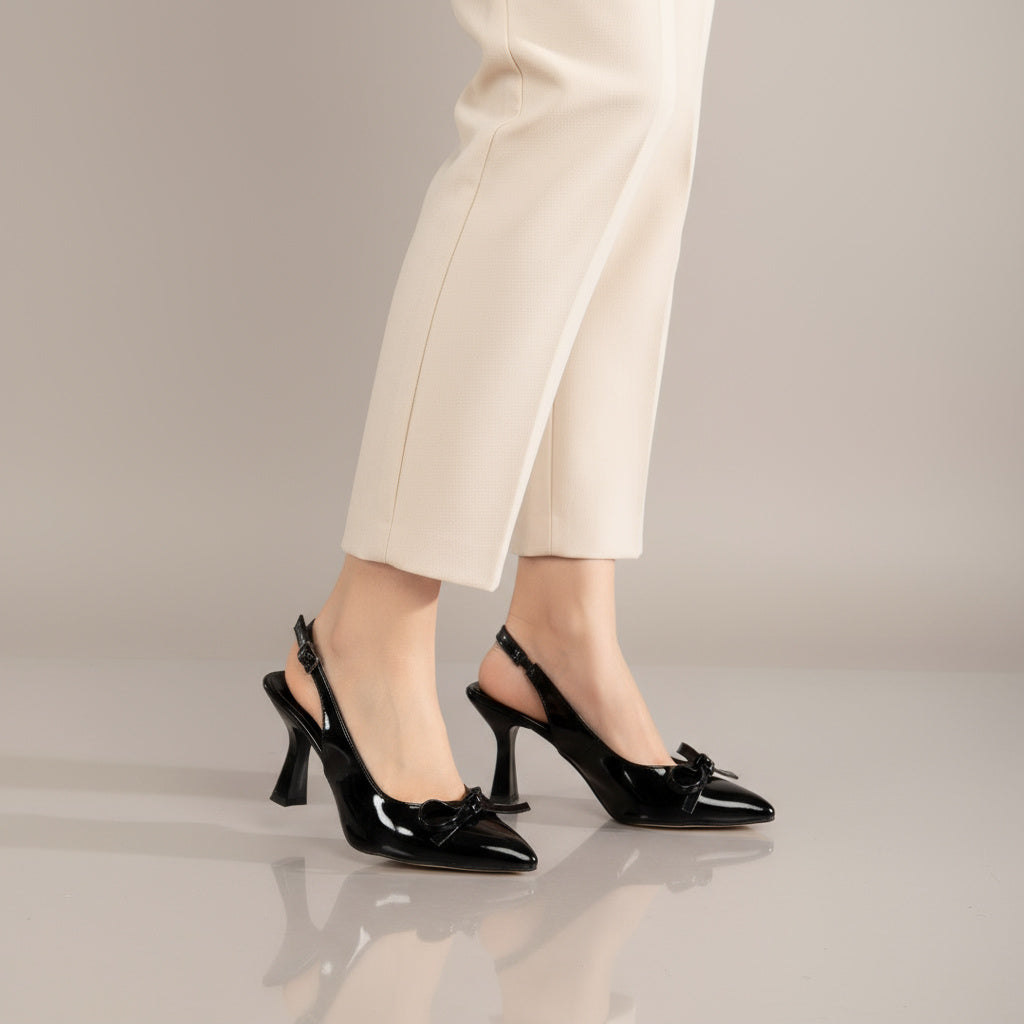 BRIELFY Midnight Grace – Siyah İnce Fiyonk Detaylı Slingback Topuklu Ayakkabı – 9 cm