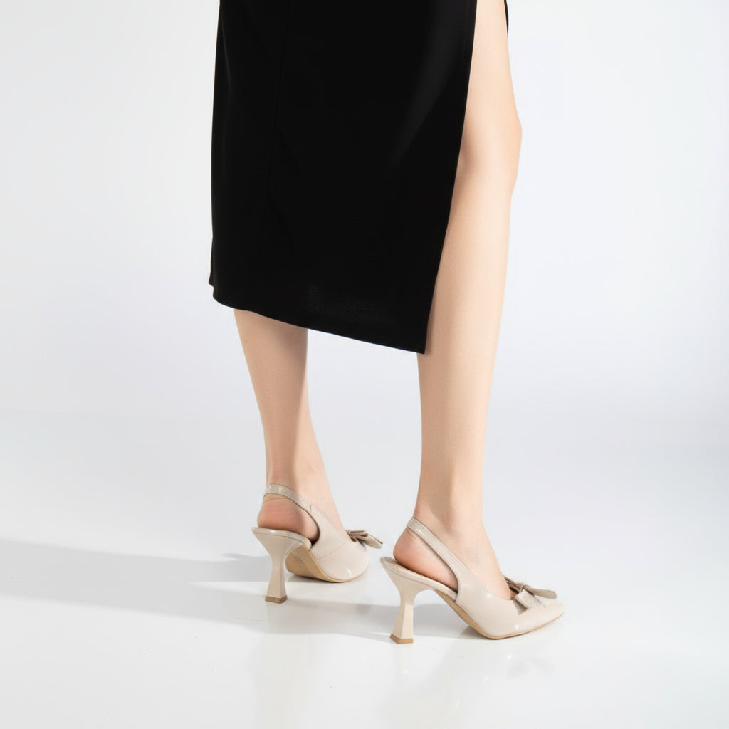 BRIELFY – Bej Rugan Kalın Fiyonk Detaylı Slingback Topuklu Ayakkabı – 9 cm