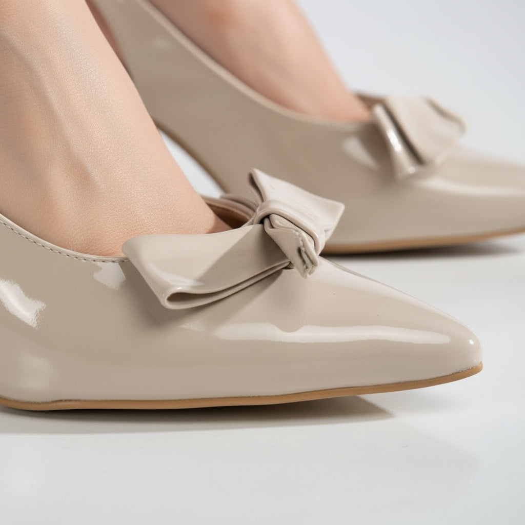 BRIELFY – Bej Rugan Kalın Fiyonk Detaylı Slingback Topuklu Ayakkabı – 9 cm