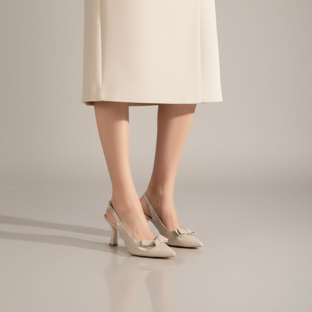 BRIELFY – Bej Rugan Kalın Fiyonk Detaylı Slingback Topuklu Ayakkabı – 9 cm