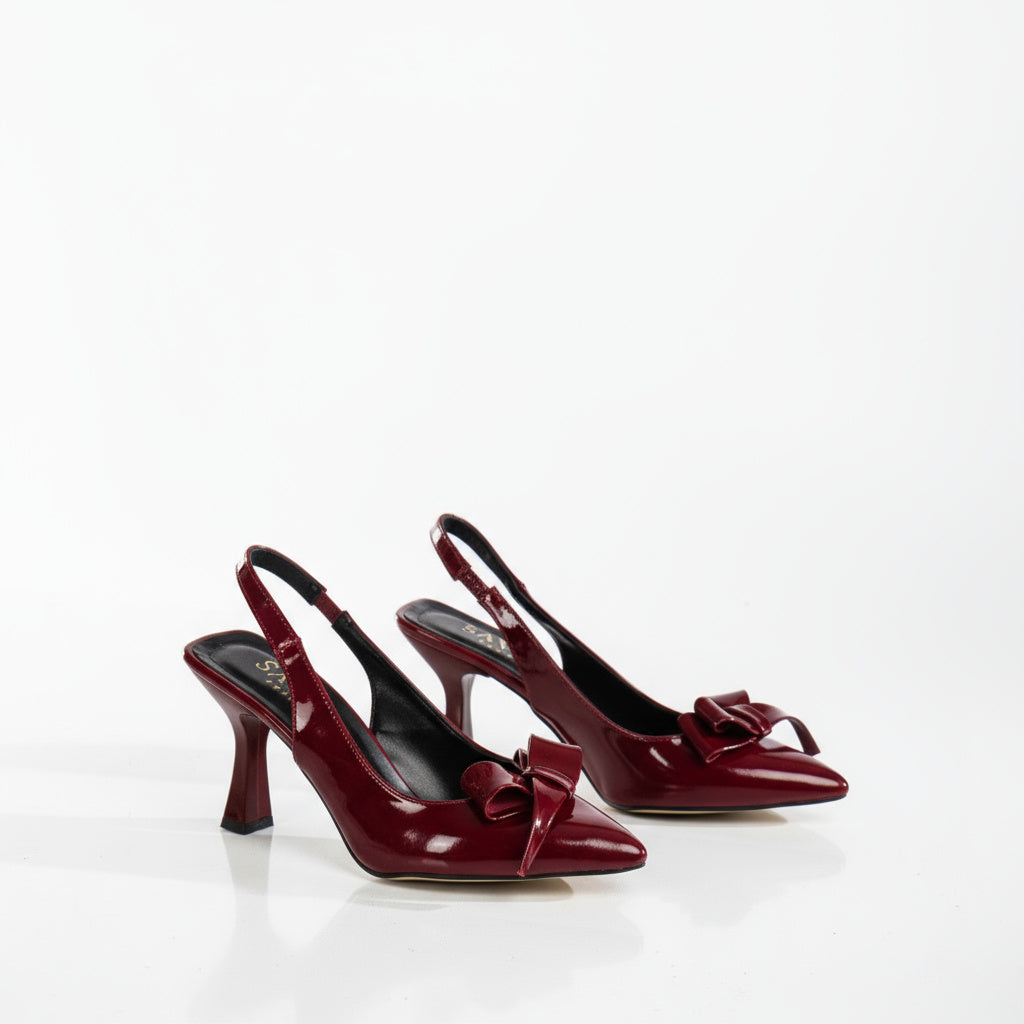 BRIELFY – Bordo Rugan Kalın Fiyonk Detaylı Slingback Topuklu Ayakkabı – 9 cm