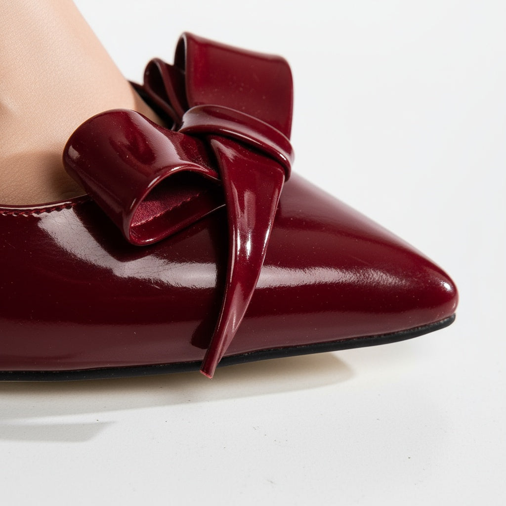 BRIELFY – Bordo Rugan Kalın Fiyonk Detaylı Slingback Topuklu Ayakkabı – 9 cm