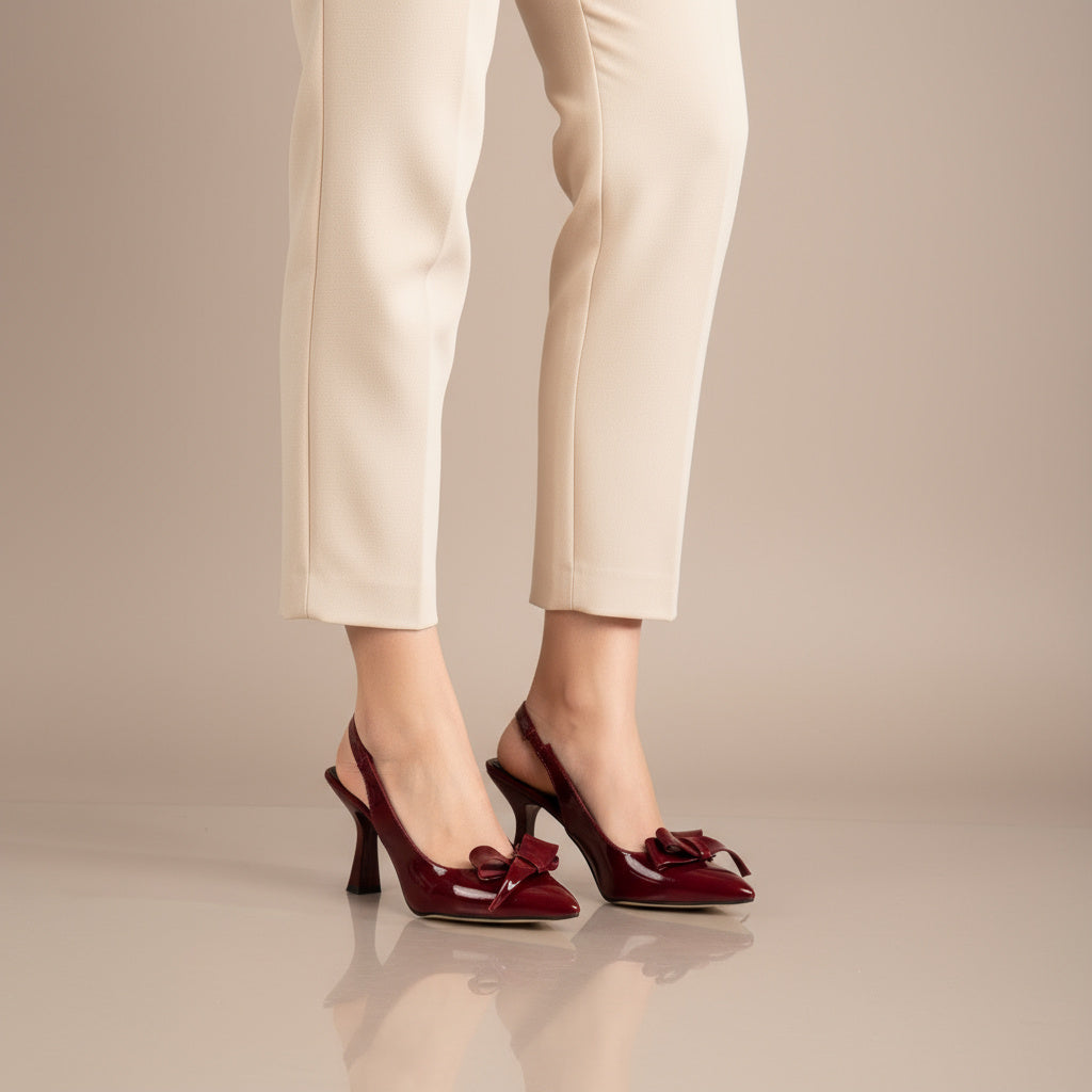 BRIELFY – Bordo Rugan Kalın Fiyonk Detaylı Slingback Topuklu Ayakkabı – 9 cm