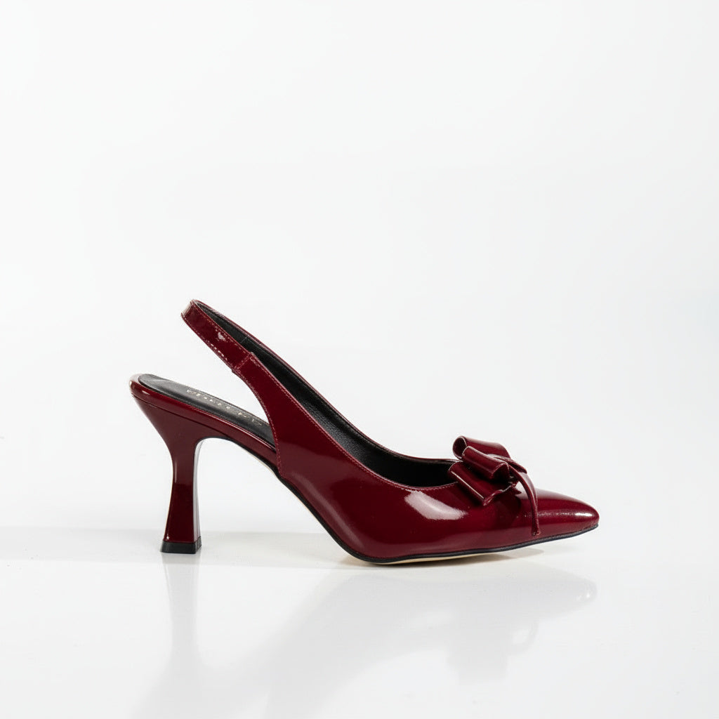 BRIELFY – Bordo Rugan Kalın Fiyonk Detaylı Slingback Topuklu Ayakkabı – 9 cm