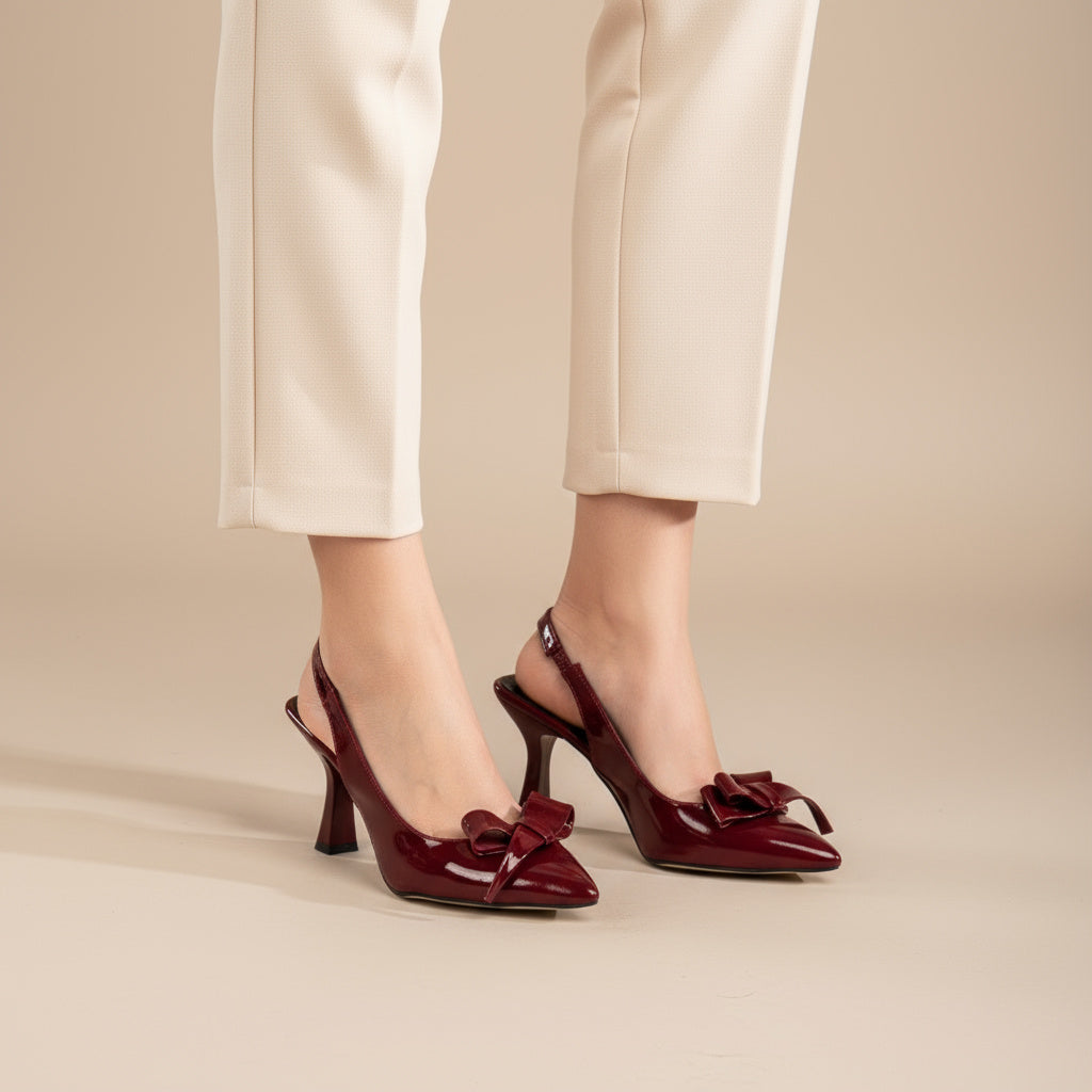 BRIELFY – Bordo Rugan Kalın Fiyonk Detaylı Slingback Topuklu Ayakkabı – 9 cm