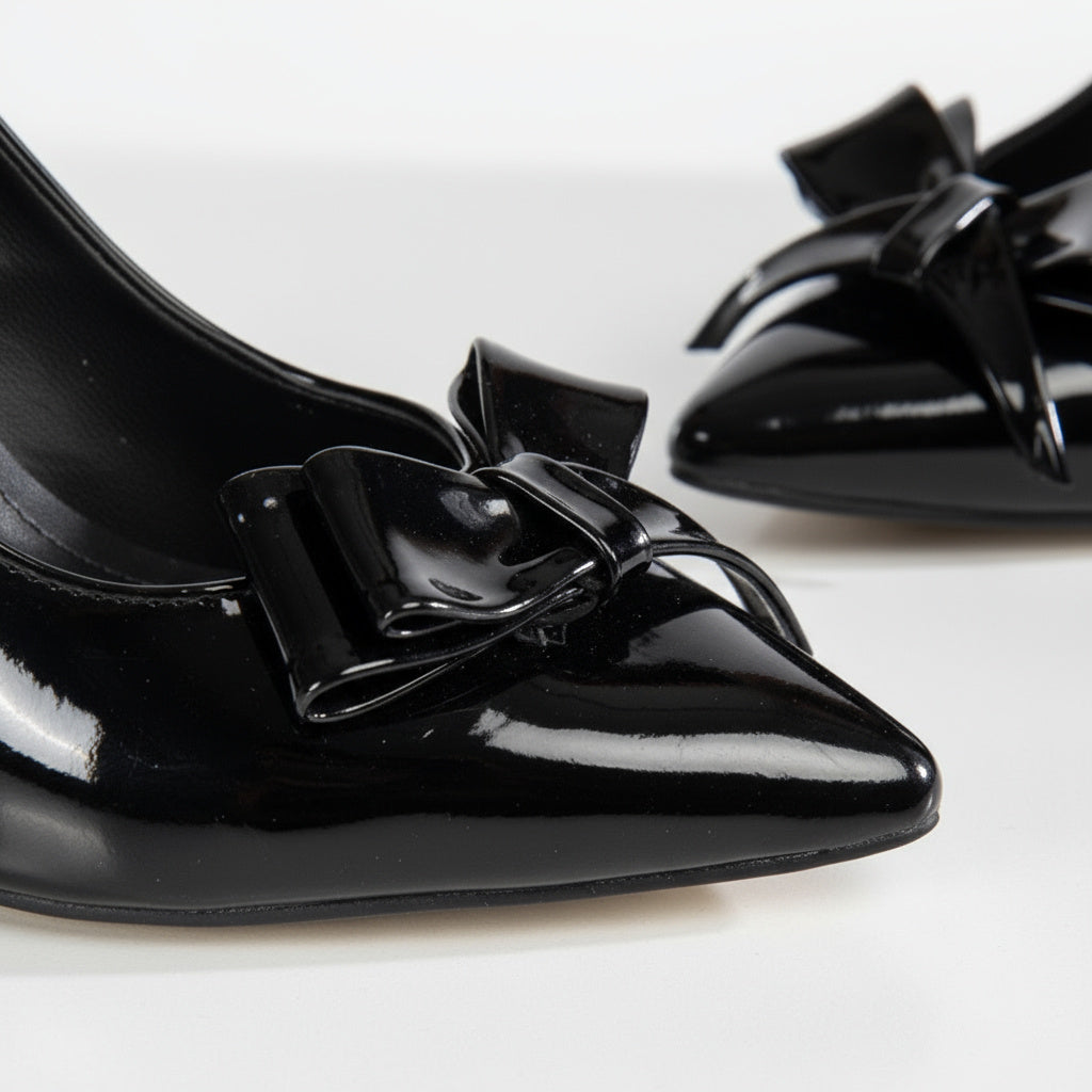 BRIELFY – Siyah Rugan Kalın Fiyonk Detaylı Slingback Topuklu Ayakkabı – 9 cm