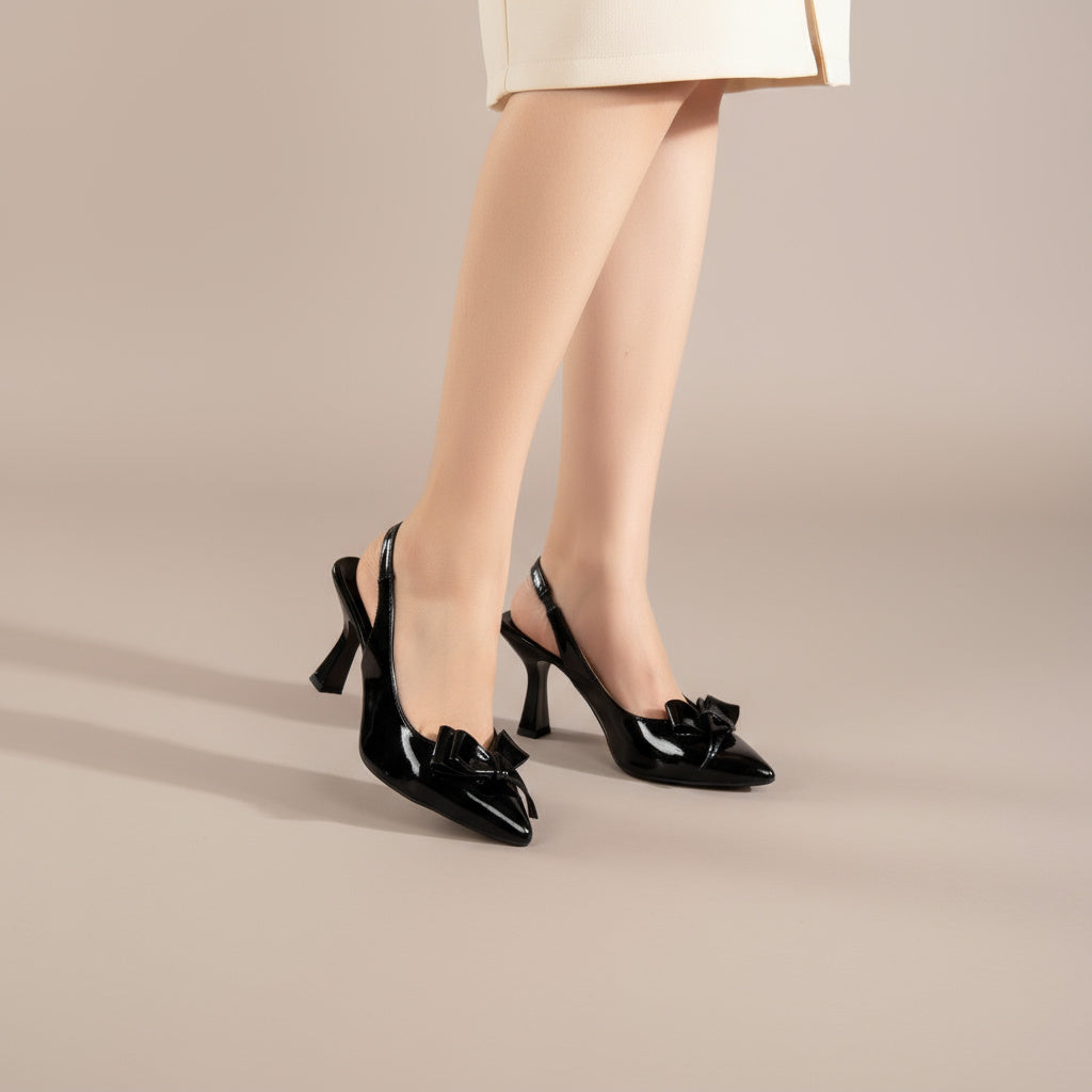 BRIELFY – Siyah Rugan Kalın Fiyonk Detaylı Slingback Topuklu Ayakkabı – 9 cm