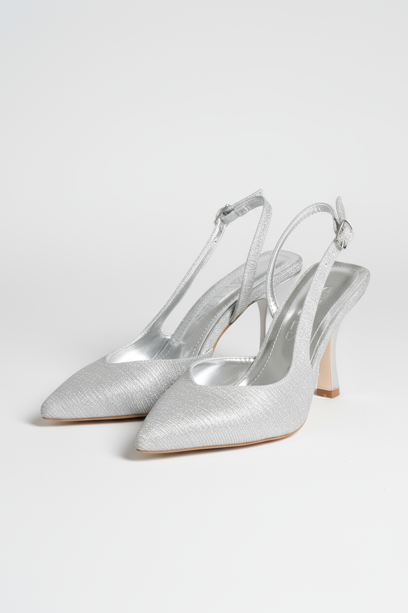 BRIELFY – Gümüş Simli Slingback İnce Burun Topuklu Ayakkabı – 9 cm