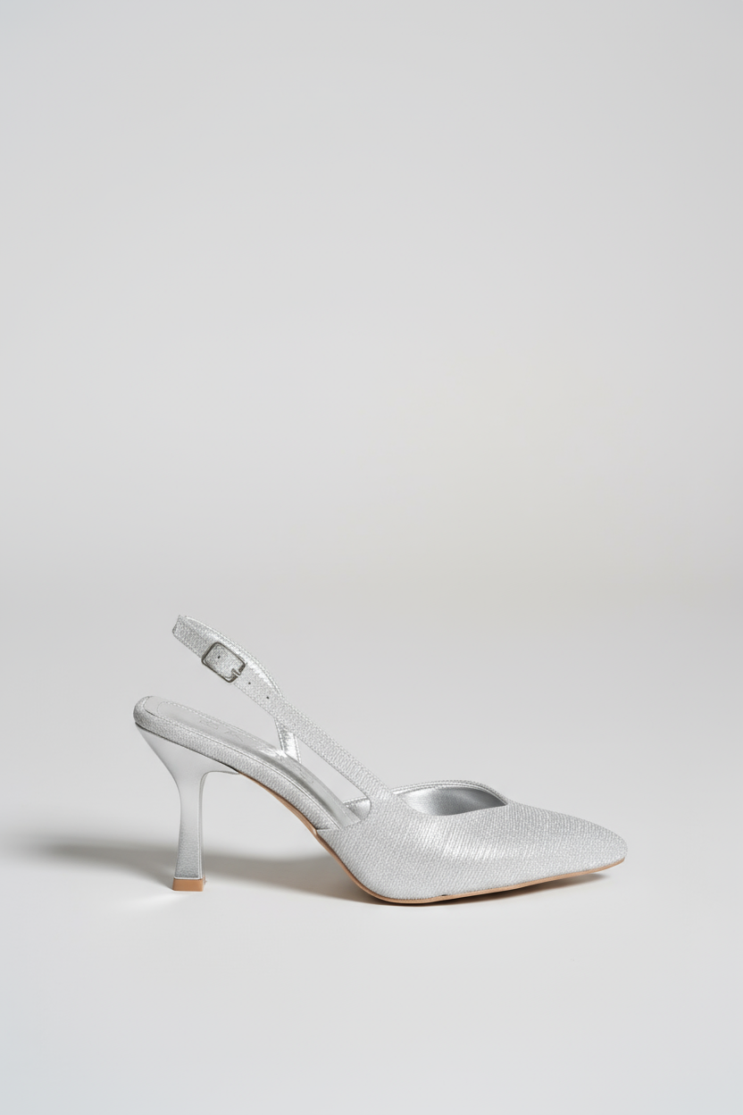 BRIELFY – Gümüş Simli Slingback İnce Burun Topuklu Ayakkabı – 9 cm