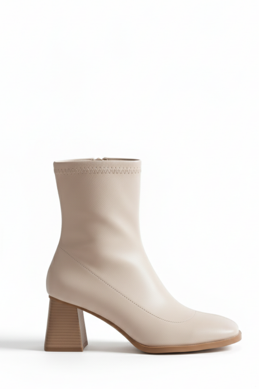 BRIELFY – Bej Streç Bilek Boy Fermuarlı Topuklu Bot – 5 cm