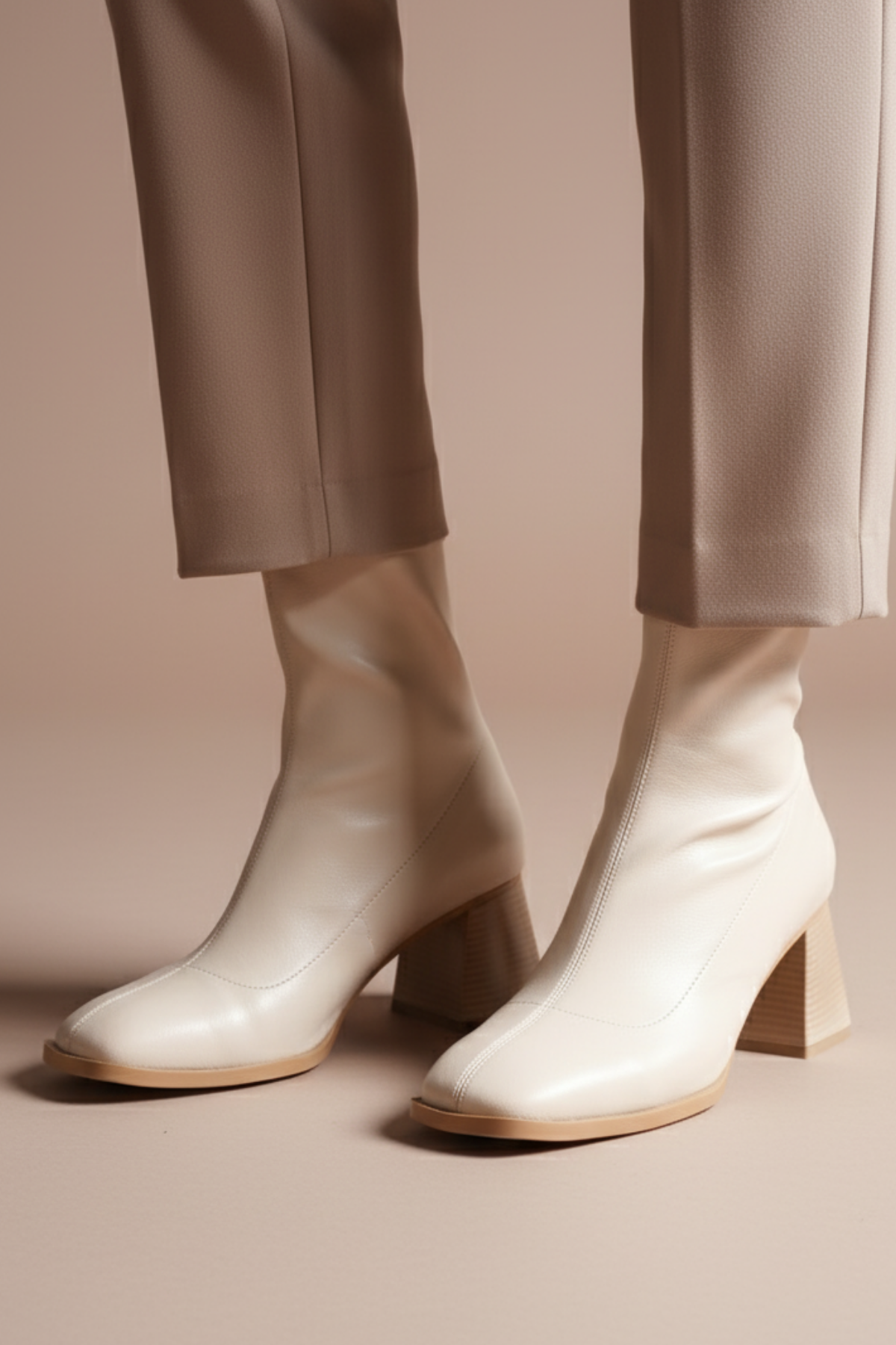 BRIELFY – Bej Streç Bilek Boy Fermuarlı Topuklu Bot – 5 cm